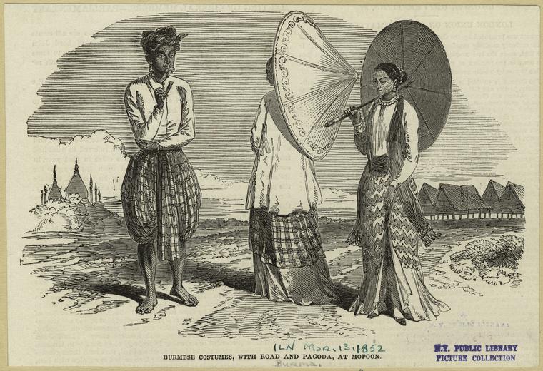 Burmese costumes, with road and pagoda, at Mopoon